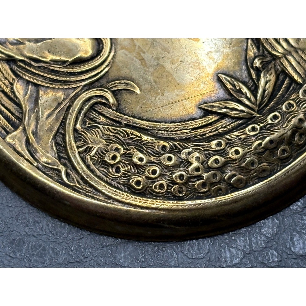 Vintage Art Nouveau Style Lady Peacock Brass Tone Brooch Pin - Picture 7 of 10